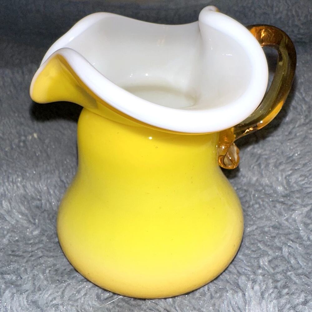 Vintage Kanawha Yellow Hand Blown Cased Art Glass Small Pitcher Vase 4" MCM